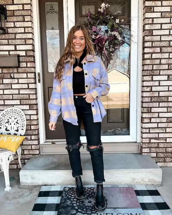 Black Top with Purple Jacket + Black Ripped Jeans + Boots