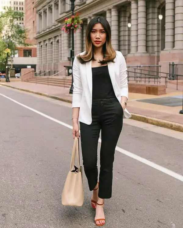 Black Top with White Blazer + Black Pants + Heels + Maxi Handbag