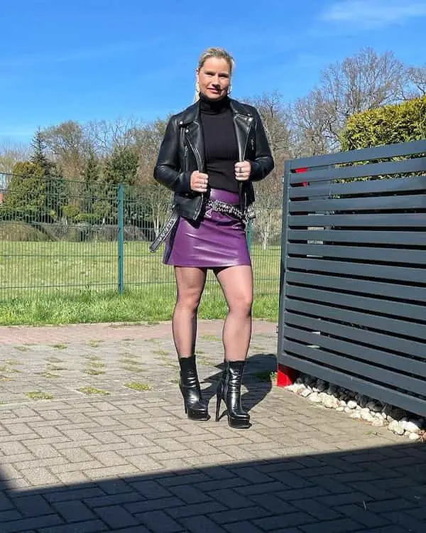 Black Turtle Neck Shirt with Purple Mini Leather Skirt + Heel Boots