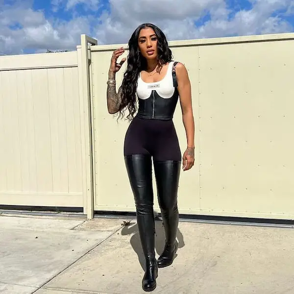 Black and White Shirt with Mini Skirt + Leather Leggings + Boots