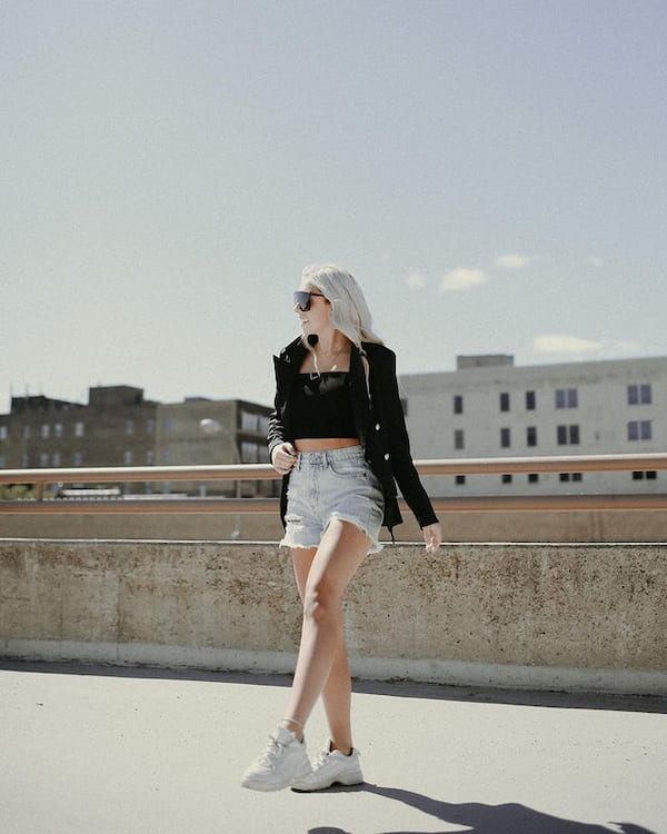 Blazer with Crop Top + Denim Shorts + Sneakers + Sunglasses