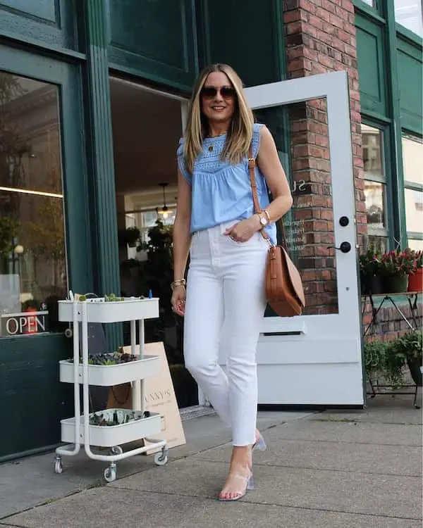 Blue Blouse with White Jeans + Heels + Sunglasses + Midi Handbag
