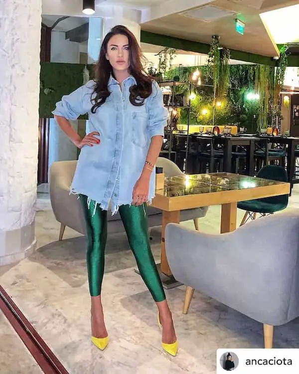 Blue Demin Jacket with Green Leggings + Heels