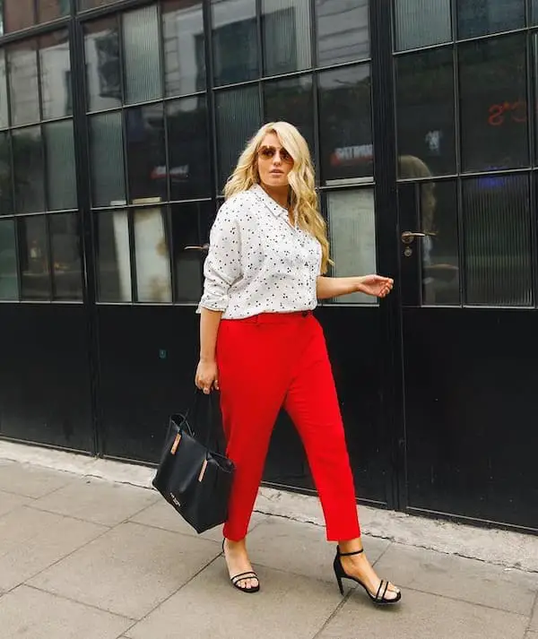 Blue Dotted White Blouse with Red Free Pants + Heels + Maxi Handbag + Sunglasses