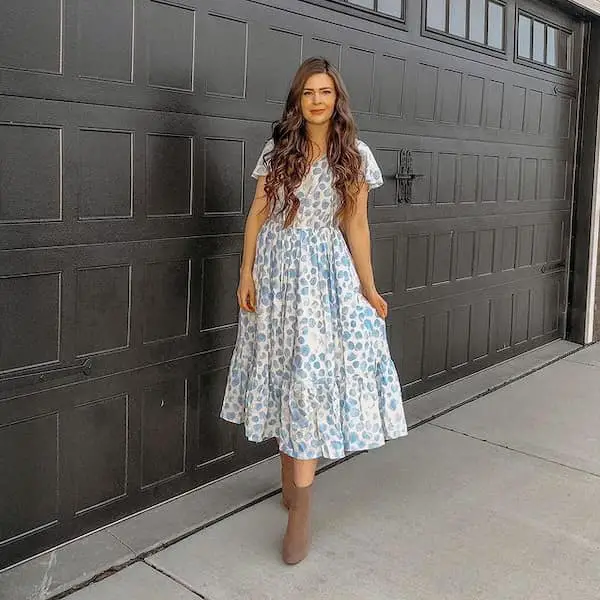 Blue Floral Midi Dress with Calf Length Boots