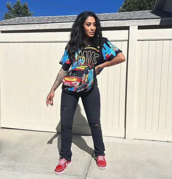 Blue Graphic Oversized Tee with Black Jeans + Sneakers