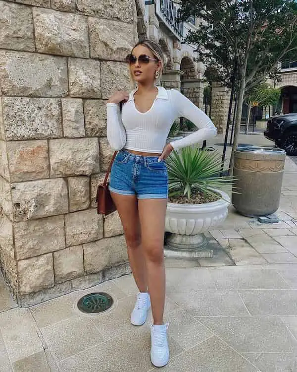 Body Tight Top with Denim Shorts + Sneakers + Midi Handbag + Sunglasses