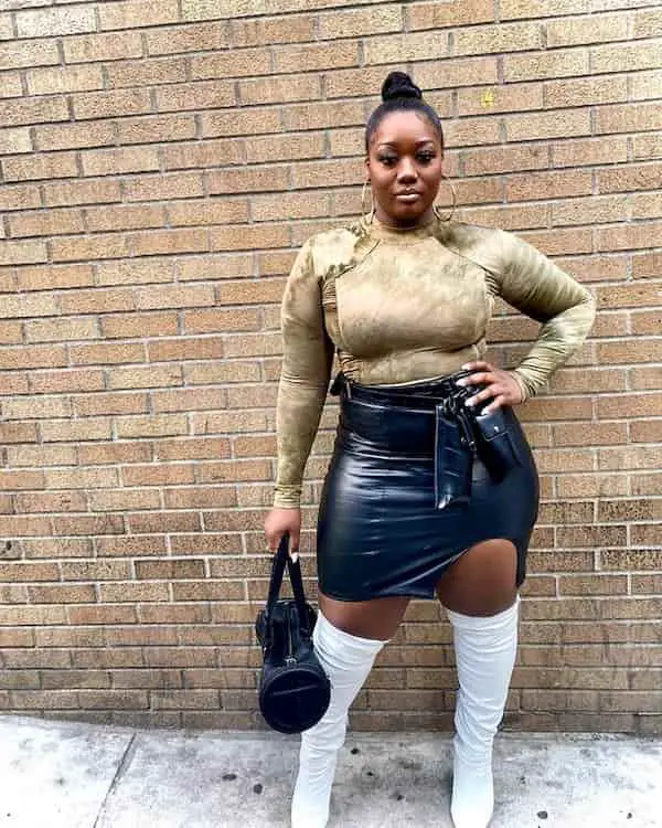 Brown Long Sleeve Shirt with Black High Waist Leather Skirt + Thigh-High Boots + Midi Handbag