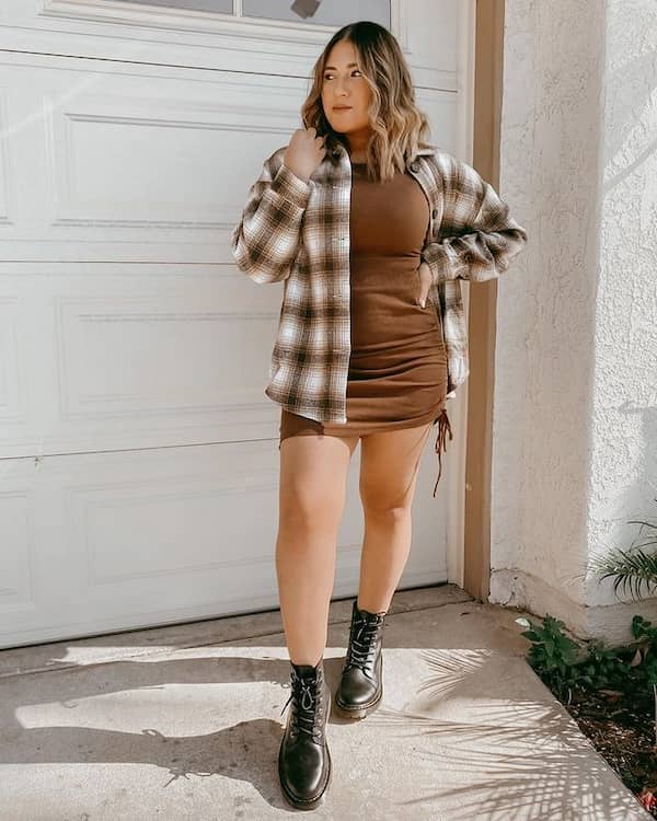 Brown Mini Dress with Flannel Shirt + Boots