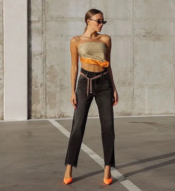 Brown Sleeveless Top with Black High Waist Jeans + Heels + Sunglasses