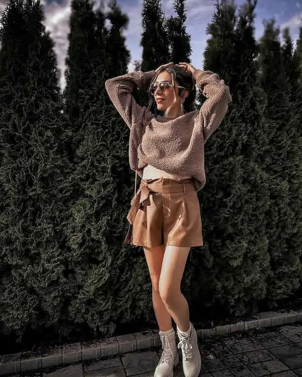 Brown Sweatshirt with Brown Leather Skirt + Boots + Sunglasses