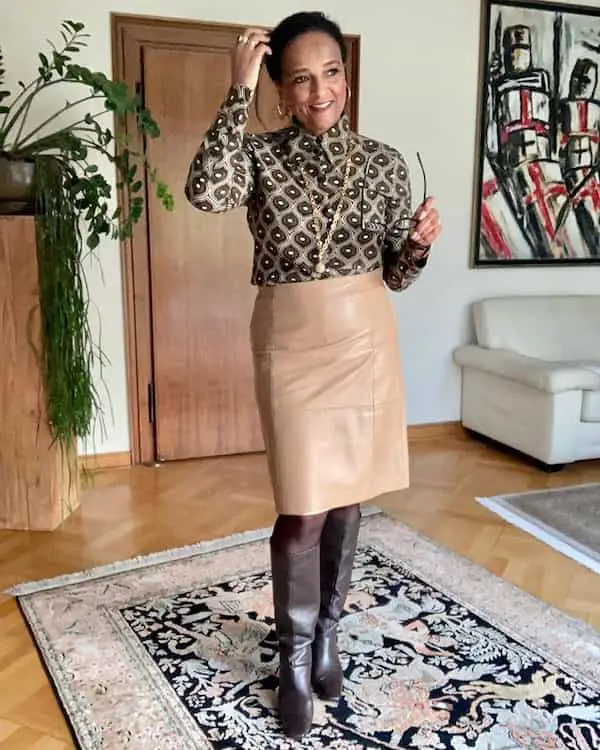 Brown Vintage Blouse with Brown Leather Skirt + Knee-High Boots