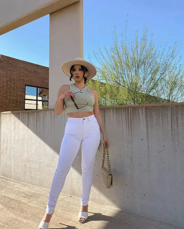 Crop Sleeveless Top with High Waist White Jeans + Slippers + Hat + Midi Handbag