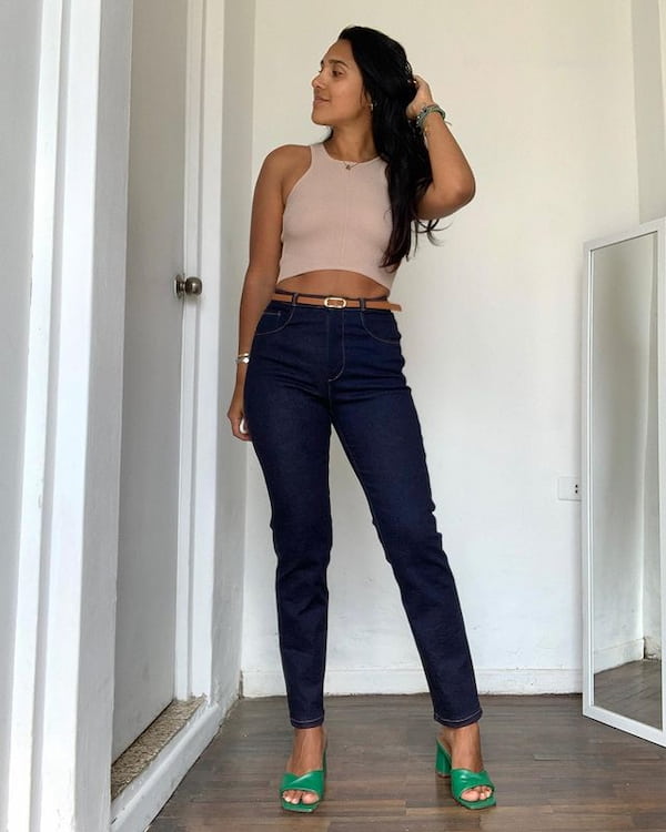 Crop Tank Top with High Waist Jeans Pants + Wedge Shoe