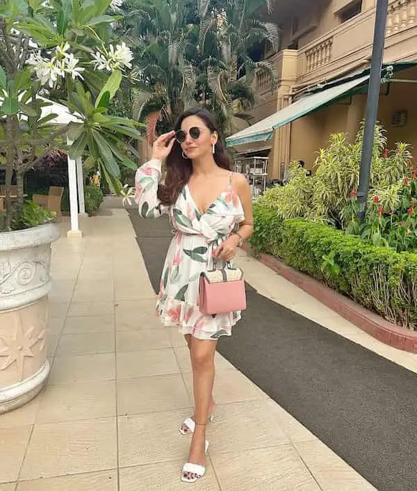 Deep V-neck Floral Dress + Slippers + Midi Handbag + Sunglasses