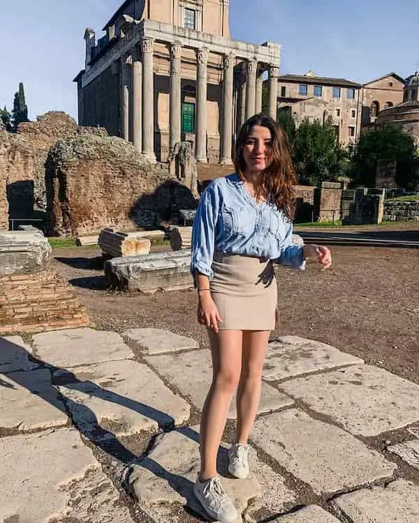 Denim Jacket with a Brown Mini Skirt + Sneakers