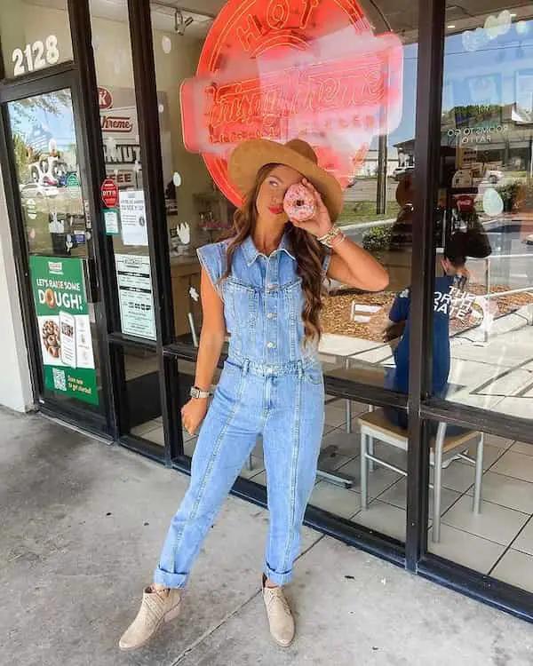 Denim Jumpsuit with Ankle-length Boots + Cowboy Hat