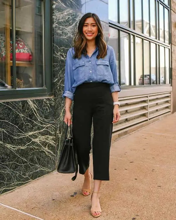 Denim Shirts with Black Crop Pants + Sandals