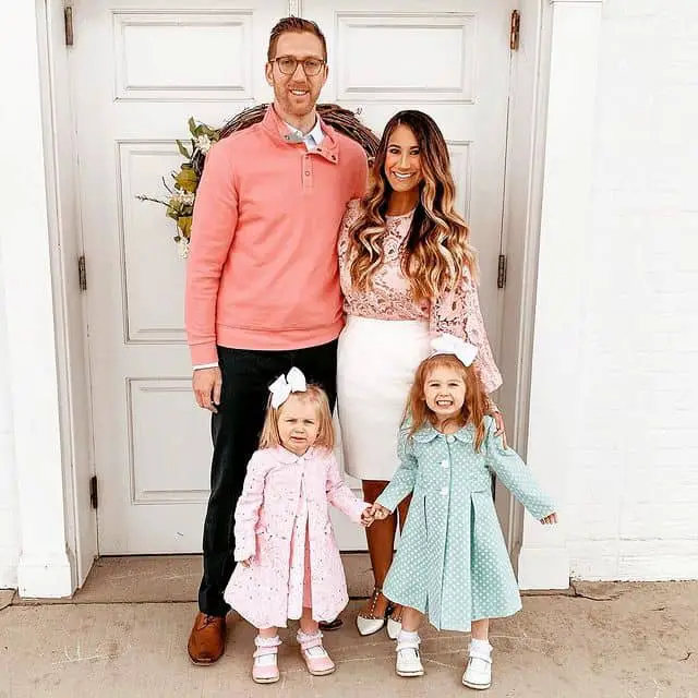 Floral Blouse + Skirt + Heels + Daughters + Husband