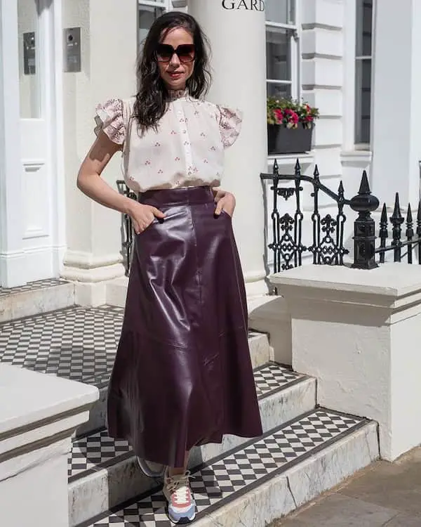 Floral Blouse with Midi Brown Leather Skirt + Sneakers + Sunglasses