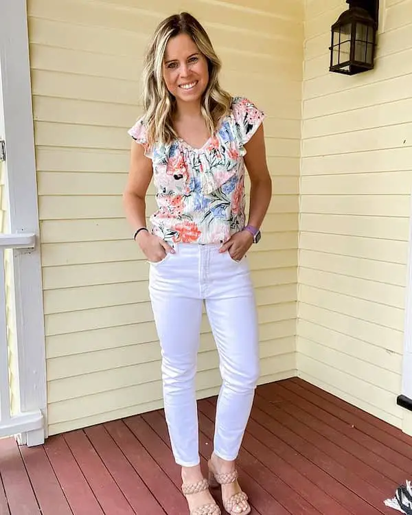 Floral Blouse with White Jean Pants + Slippers