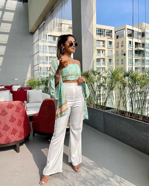 Floral Crop Top with High Waist White Pants + Heels + Sunglasses
