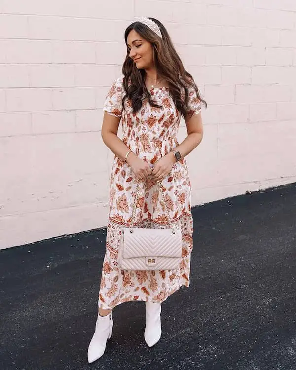 Floral Long Dress + Ankle-High Boots + Midi Handbag