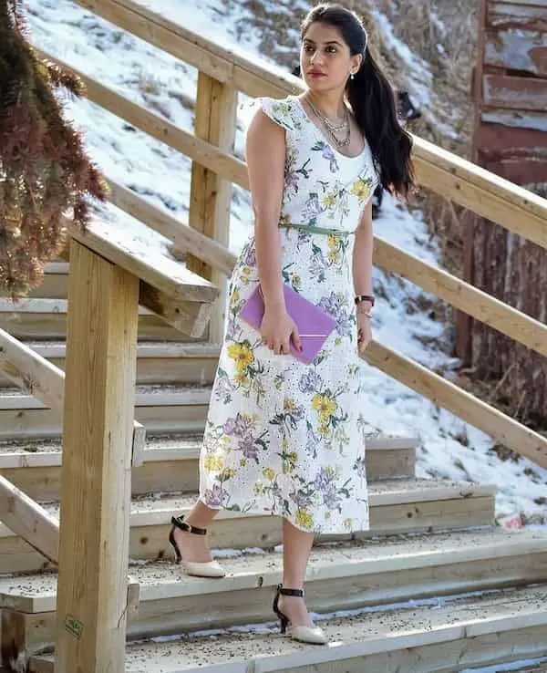 Floral Long Gown + Heels + Clutch