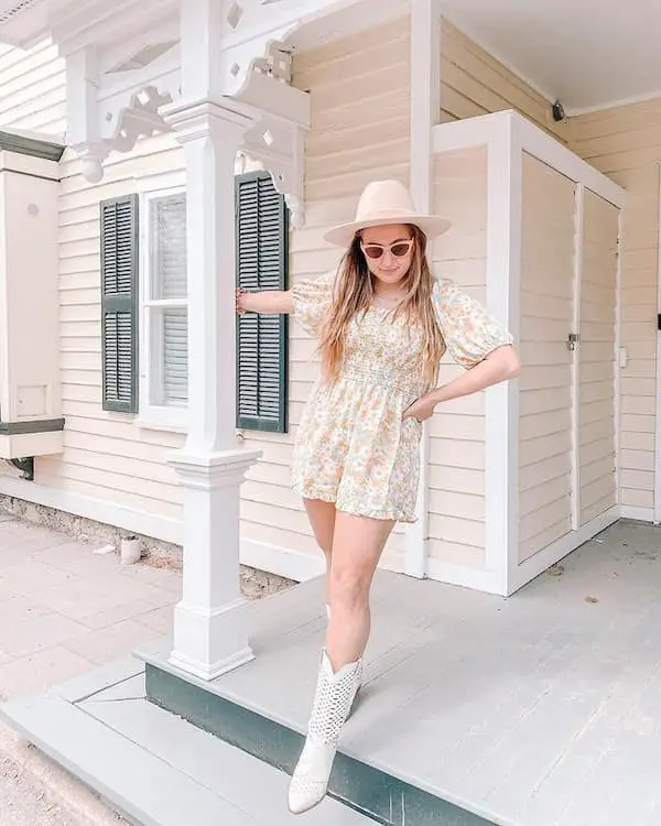 Floral Mini Dress with Cowboy Boots + Hat + Sunglasses