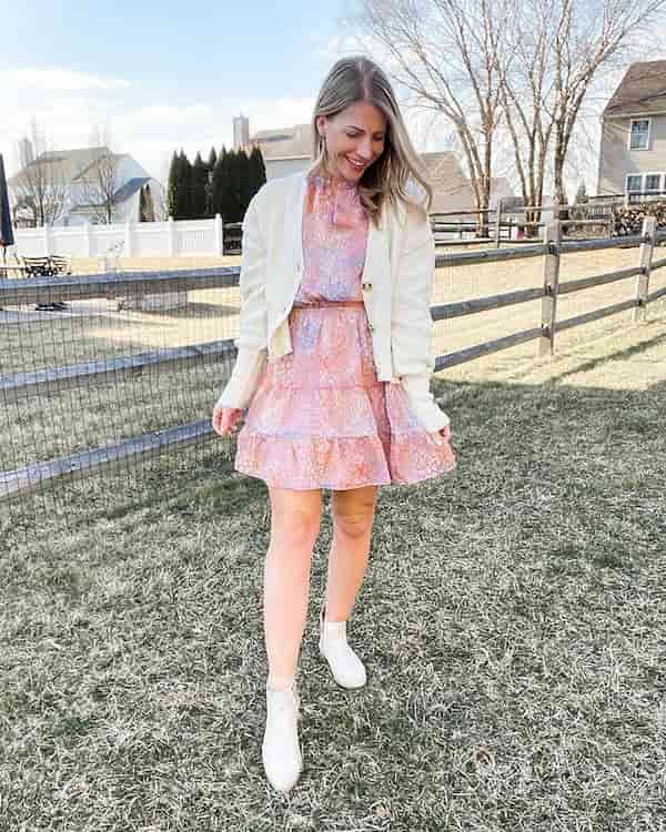 Floral Mini Gown + Blazers + Ankle-High Boots