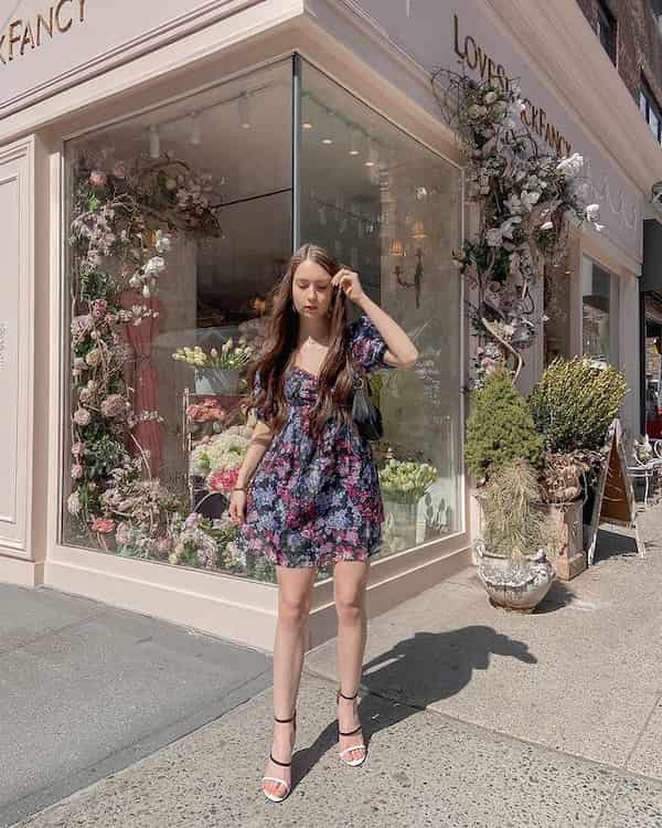 Floral Mini Gown + Heels + Midi Handbag