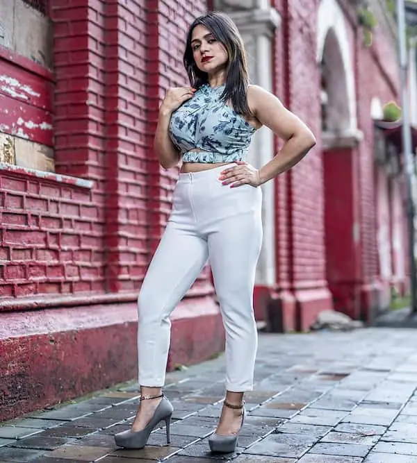 Floral Sleeveless Top with White High Waist Pant + Heels