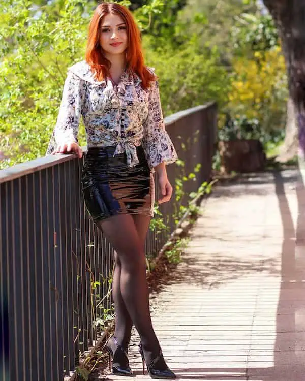 Floral Tied Blouse with Leather Mini Skirt + Heels