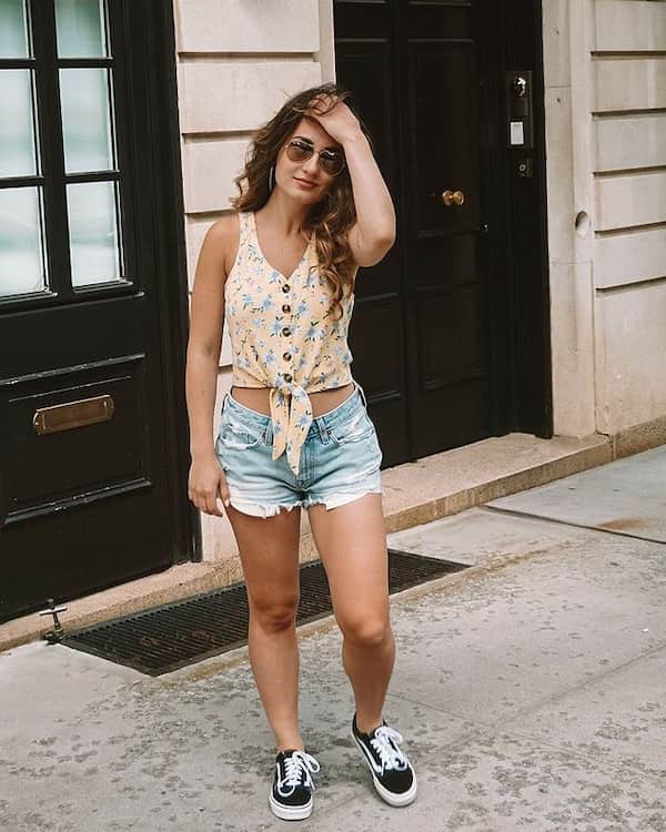 Floral Tied Top with Denim Shorts + Van Shoes + Sunglasses