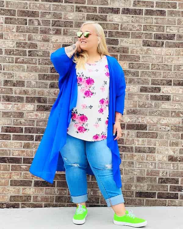 Floral Top with Blue Trench Coat + Jeans Pants + Van shoes + Sunglasses