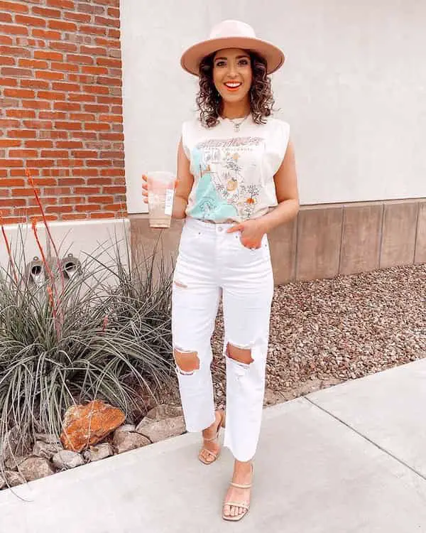 Graphic Sleeveless Top with Ripped White Jeans + Wedge Shoe + Hat