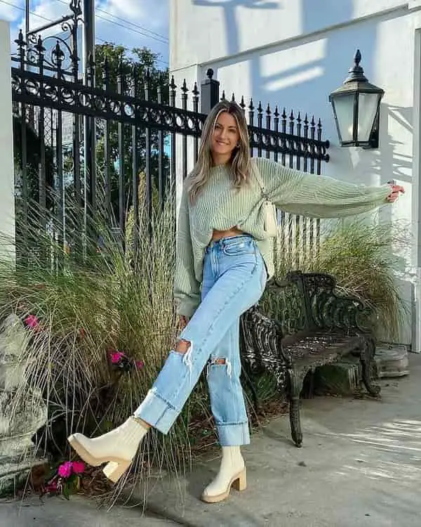 Green Knit Shirt with Ripped Jeans + Square-Heel Boots + Midi Handbag