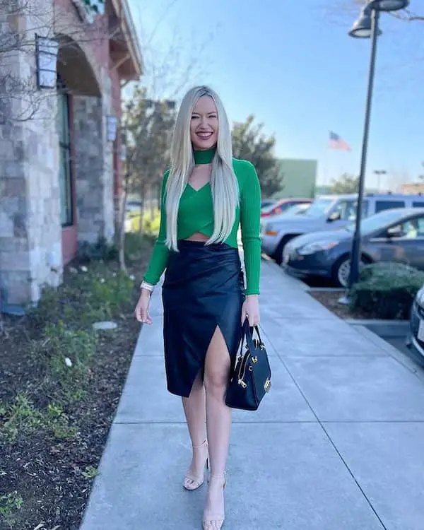 Green Long Sleeve Crop Top with Black Wrap Skirt + Heels + Midi Handbag