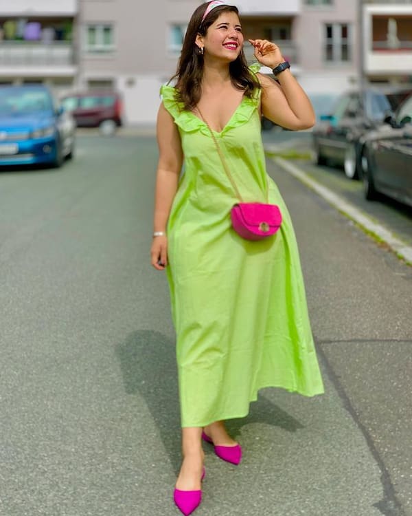 Green Midi Dress with Loafers + Small-sized Handbag