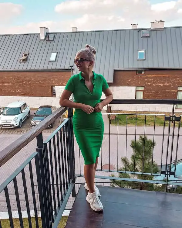 Green Tight Dress with Chunky Sneakers + Sunglasses