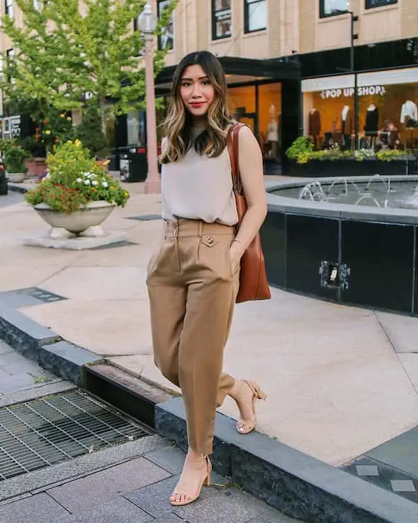 Handless Shirt with  High Waist Tan Pants + Heels + Midi Handbag