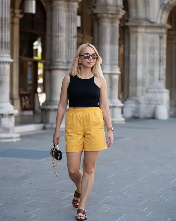 Handless Top with Dark Yellow Shorts + Slippers + Small Handbag + Sunglasses
