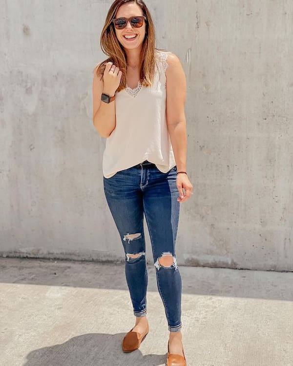 Handless Top with Ripped Jeans + Loafers + Sunglasses