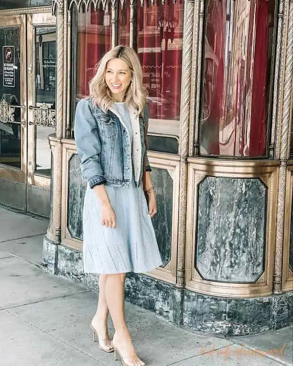 Knee-Length Dress + Denim Jacket + Heels