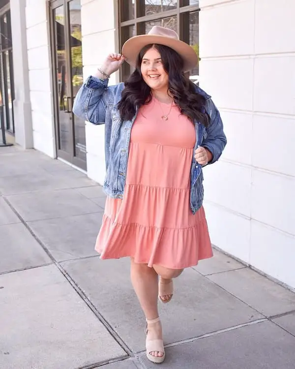 Knee-Length Gown + Denim Jacket + Sandals + Hat