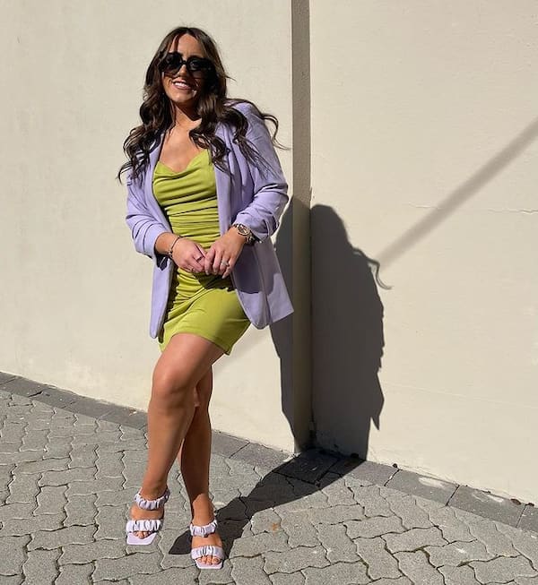 Lemon Mini Dress with Purple Blazer + Heels + Sunglasses
