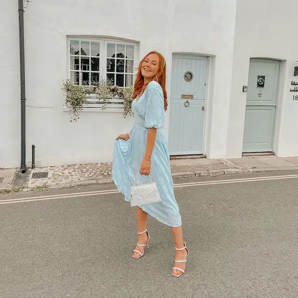 Light Green Dress with Heels + Midi Handbag