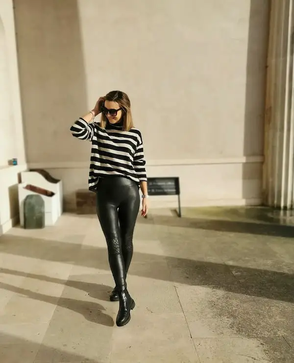 Line Striped Long Sleeve Shirt with Leather Leggings + Boots + Sunglasses