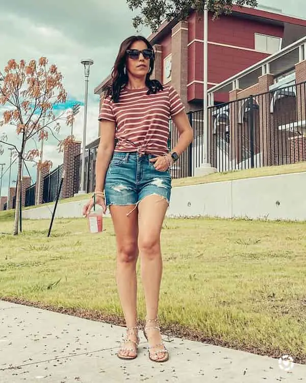 Line Stripped Top with Denim Jeans + Sandals + Sunglasses