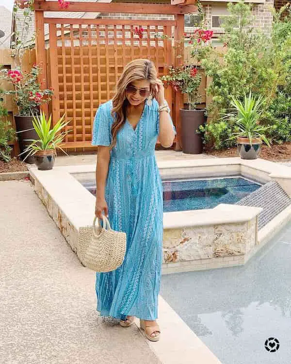 Long Dress + Wedge Shoe + Knitted Handbag + Sunglasses